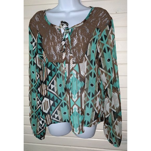 Rancho Estancia Sz MEDIUM Green Brown Southwest Chiffon Lace Trim Tunic EUC - Picture 3 of 11